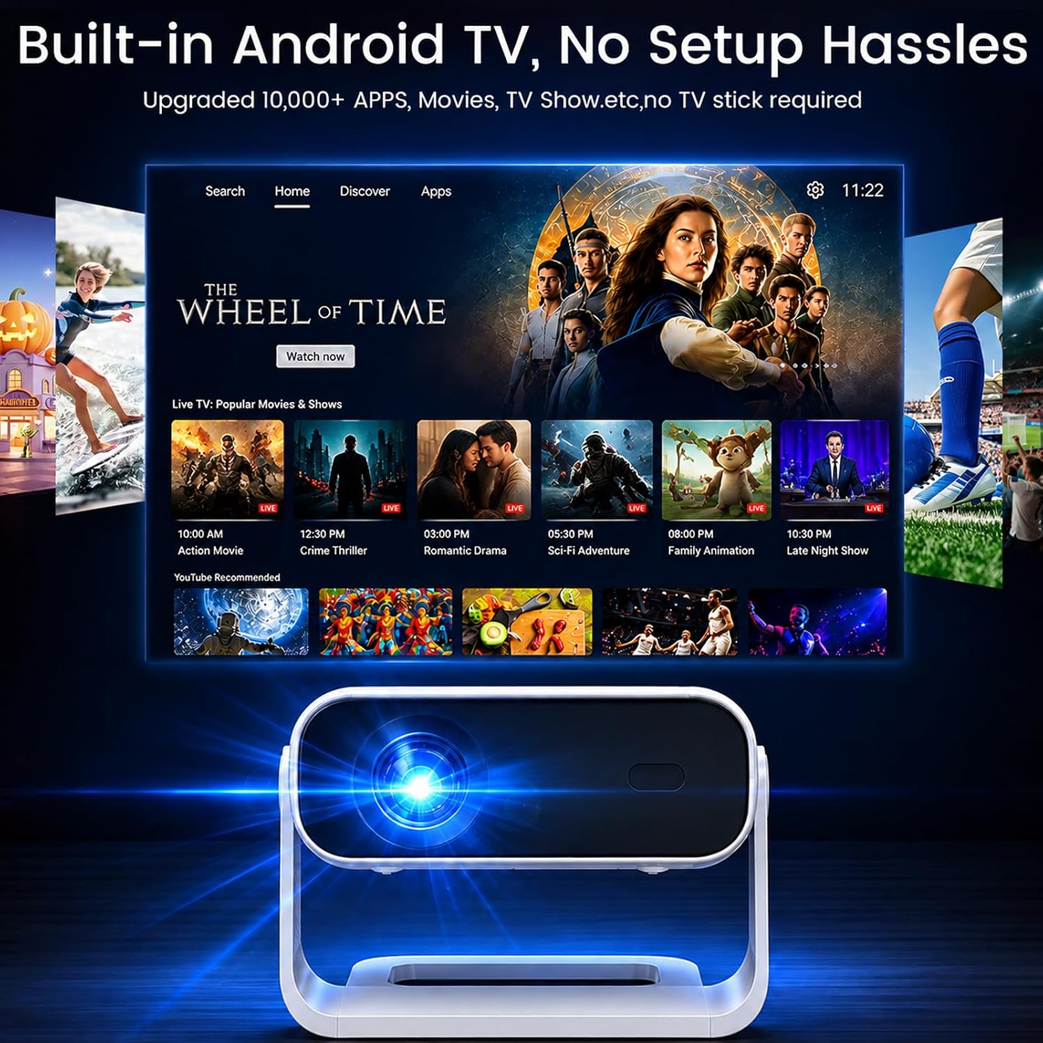 ZDK Smart Projector with WiFi & Bluetooth: Android 14 OS 210 ANSI, Built-in Streaming Apps & AirPlay/Miracast, Indoor Home Theater