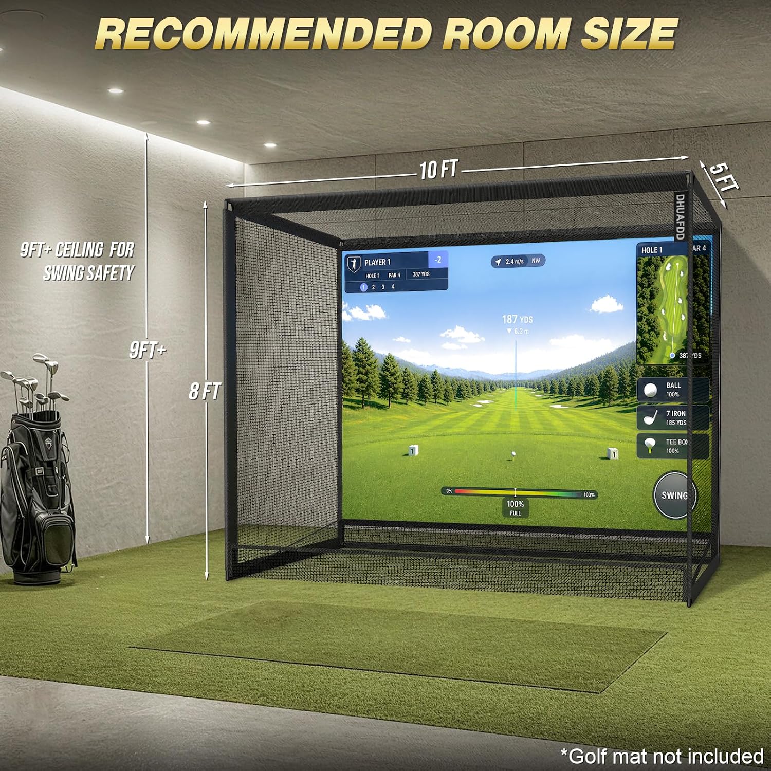 Golf Simulator Enclosure 10x8x5FT Golf Cage with Sturdy Steel Frame | Golf Simulator Net with Impact Screen & Ball Return & 5 Ply Golf Netting, Pro Indoor Golf Net for Golfers of All Levels