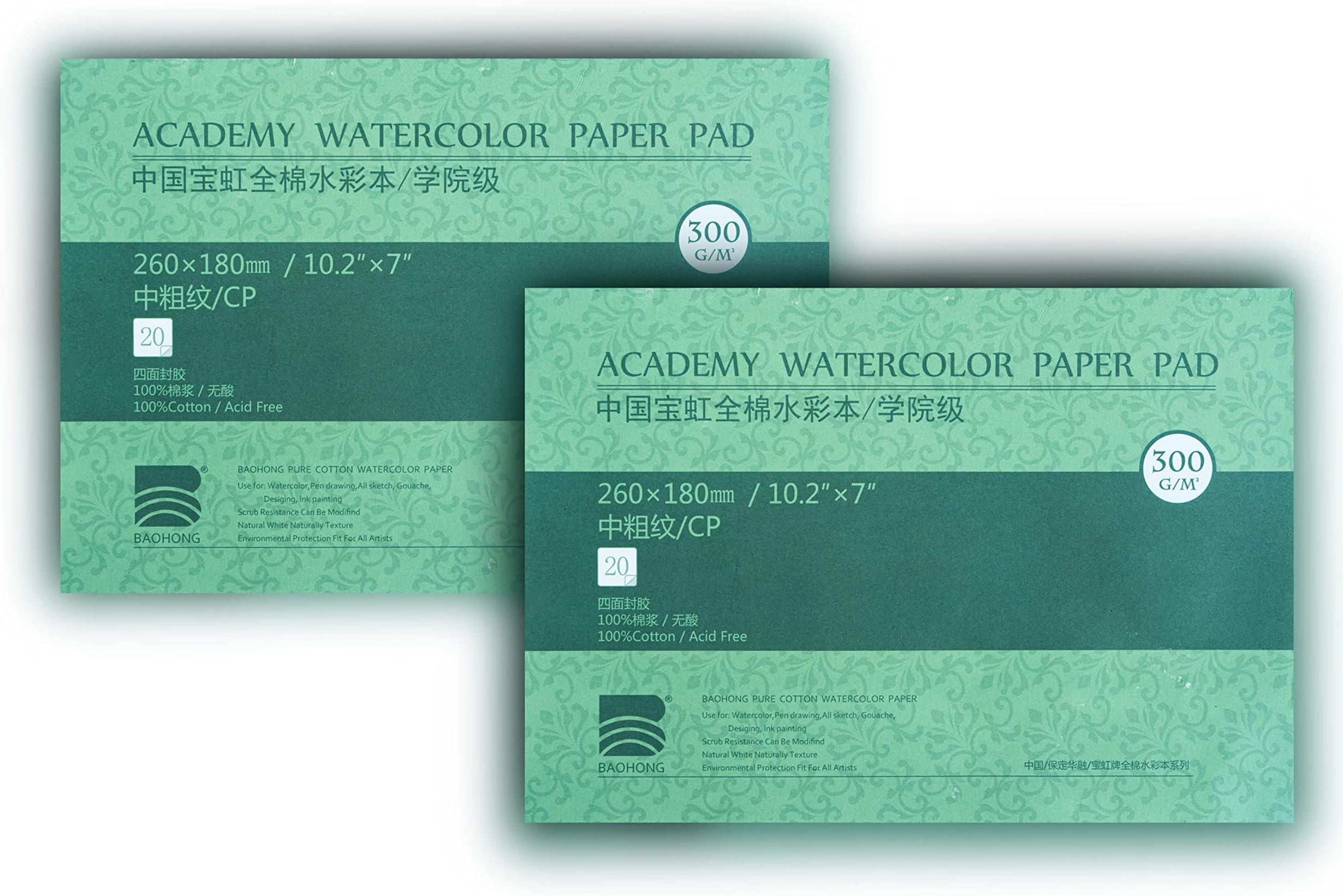 BAOHONG Academy Grade Watercolor Block, 100% Cotton, Acid-Free, 140LB/300GSM, Cold Press Textured, 20 Sheets per Block (2 of Cold Press 10.2"x7" Block)
