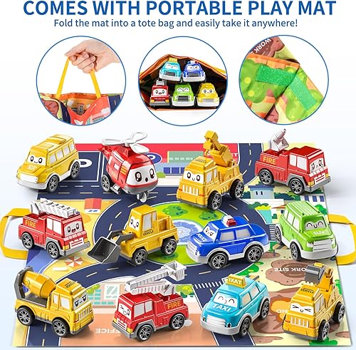 Miniatura 3 de TEMI Juguetes para bebés y niños pequeños, 15 piezas de juguete de camión de bebé con tapete de juegobolsa de almacenamiento, juguetes para bebés de