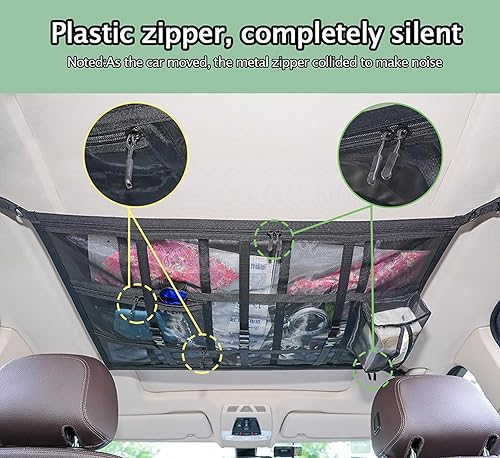 Miniatura 5 de Bolsillo de red de carga para el techo del automóvil, 31 x 21 pulgadas, organizador de almacenamiento de techo de doble capa para fortalecer la