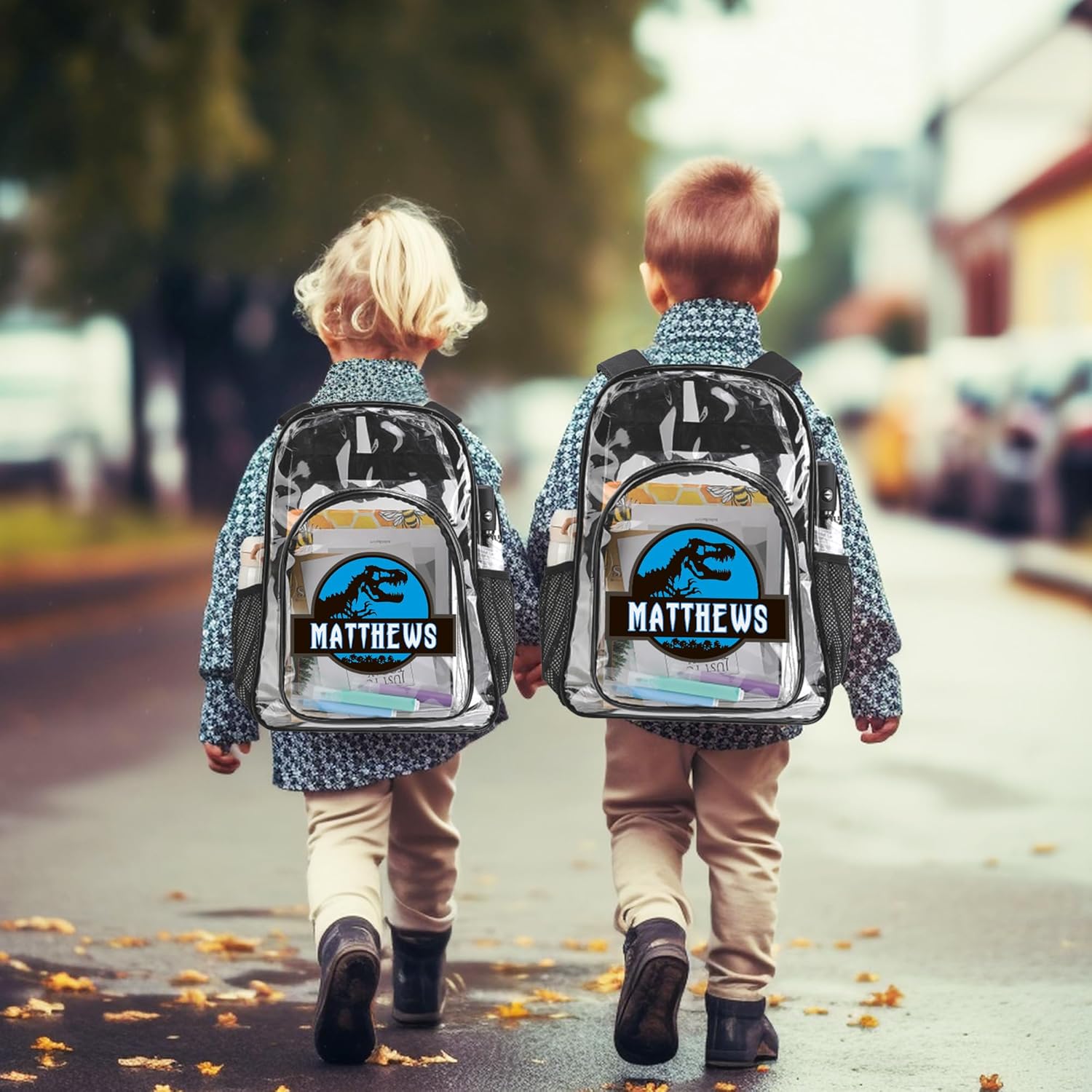 Personalized Dinosaur Clear Backpack with Name, Custom Clear Bookbag for Boys Girls, PVC Transparent Waterproof Backpack with Reinforced Strap & Large Capacity, Back to School Gifts for Kids