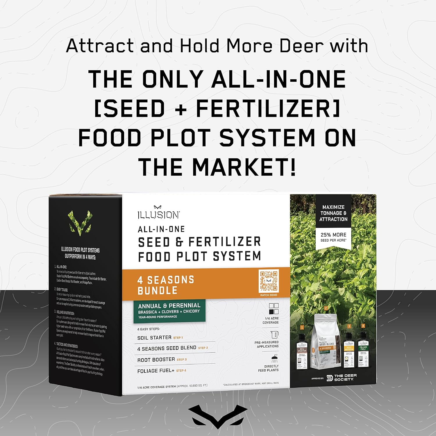 All-in-One Food Plot Seed + Fertilizer for Deer - 1/4 Acre Coverage - Perennial + Annual Blend - Protein and Micronutrients for Wildlife - Brassicas, Clovers, Chicory - Illusion Systems (4 Seasons)