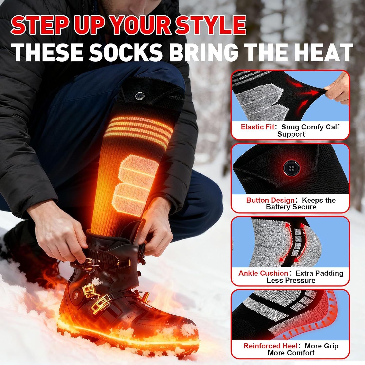 Heated Socks, 5000mAh Rechargeable Ultimate Warmth Heated Socks for Men Women, Washable Cold Weather Electric Thermal Socks with 4 Heating Levels for Skiing Hunting Camping Hiking Cycling Outdoor Work - Image 5