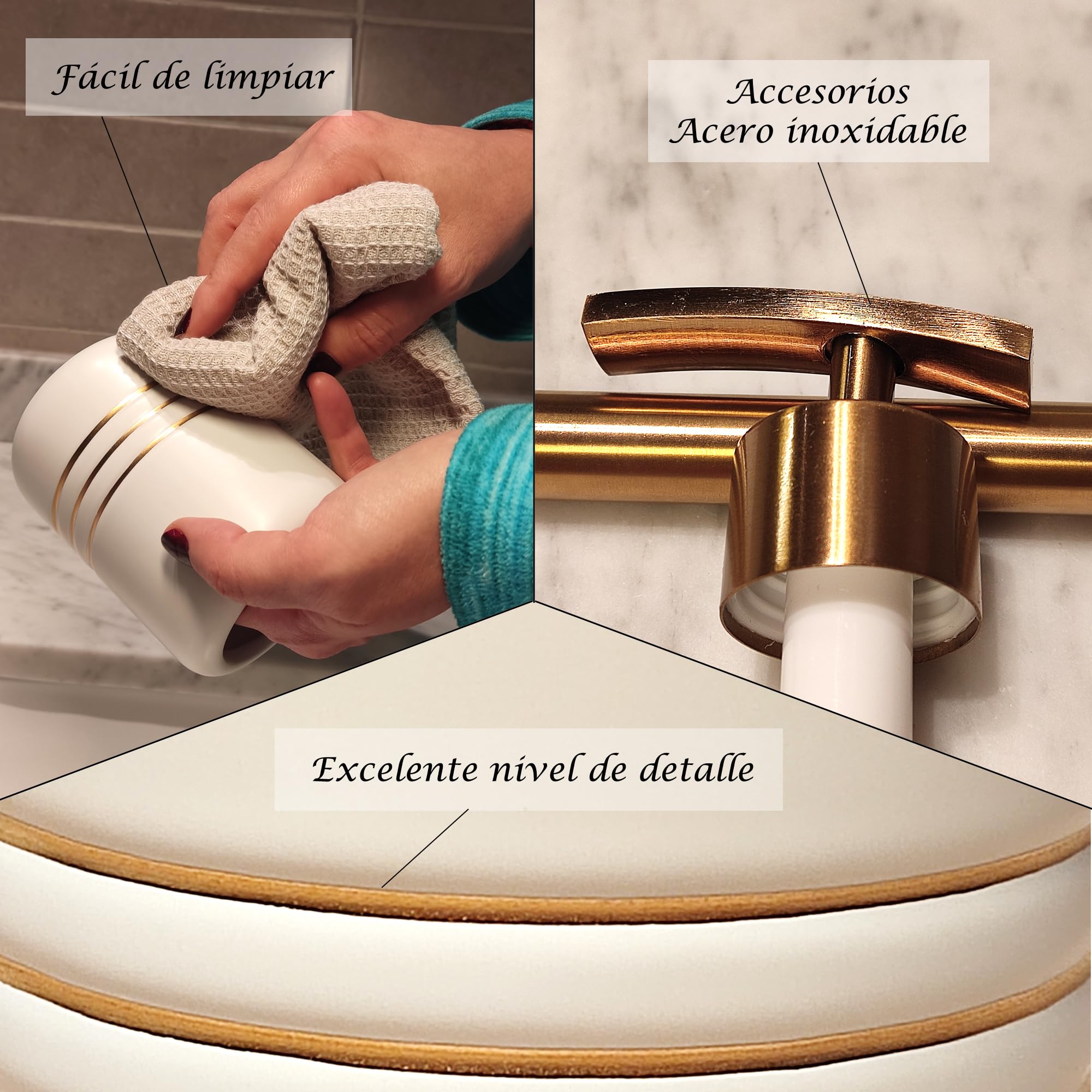 Juego Accesorios de Baño Completo de Lujo, Kit de 3 Piezas, Set de Baño de Cerámica, Conjunto Accesorios para Cuartos de Baño Modernos