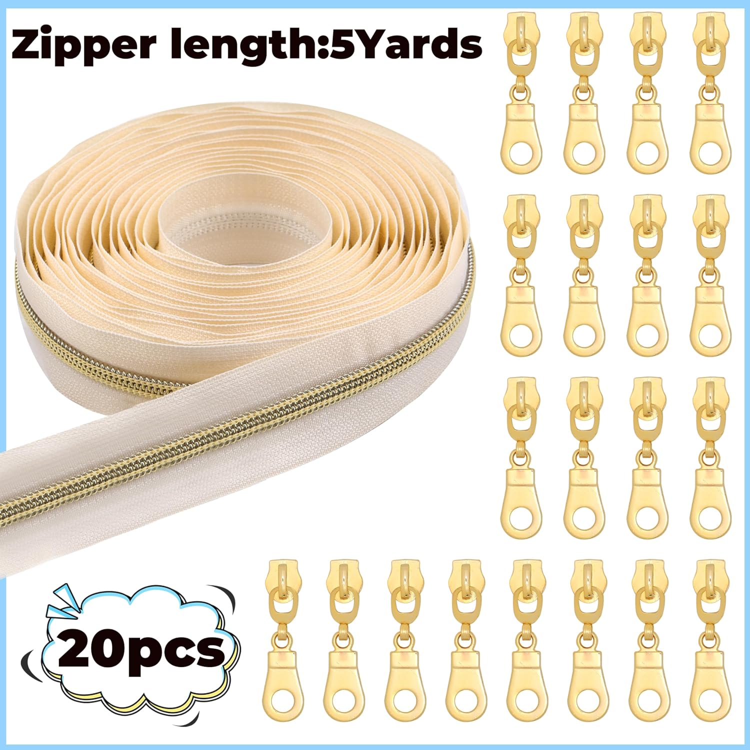 YAKA 5 Yards Bulk Beige Nylon Zippers 5# Gold Metallic Coil Zippers with 20pcs Gold Zipper Sliders Repair Kit for Jackets Luggage Backpack DIY Sewing Tailor Craft Bags and Clothing