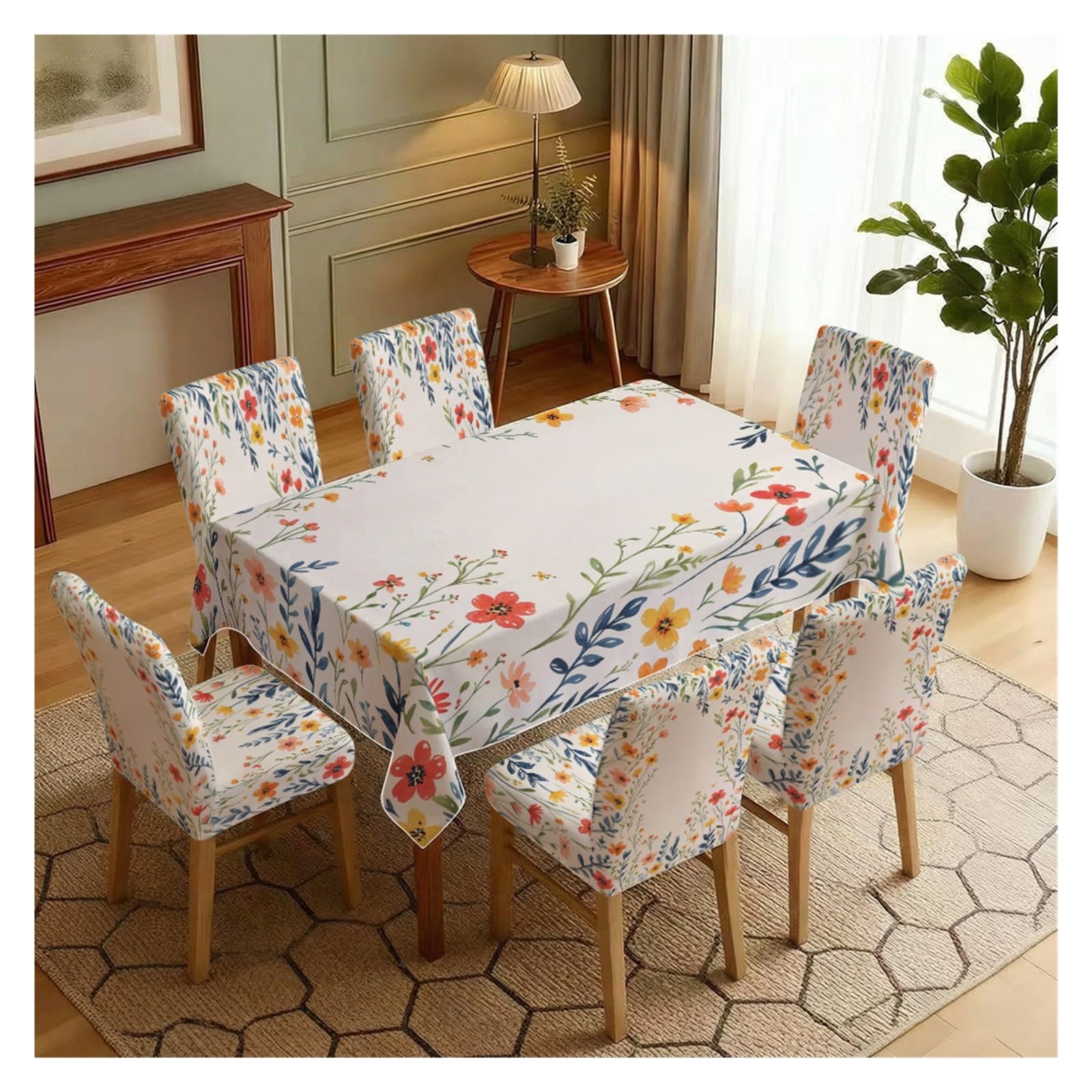 BOSUYBN Colorful Watercolor Wildflower Vine Dining Tablecloth & Chair Covers Set, 5/7 Piece Fresh Casual Cottagecore Farmhouse Dining Room Home Decor Table Setting(7pcs Set: Tablecloth+Chair Covers)