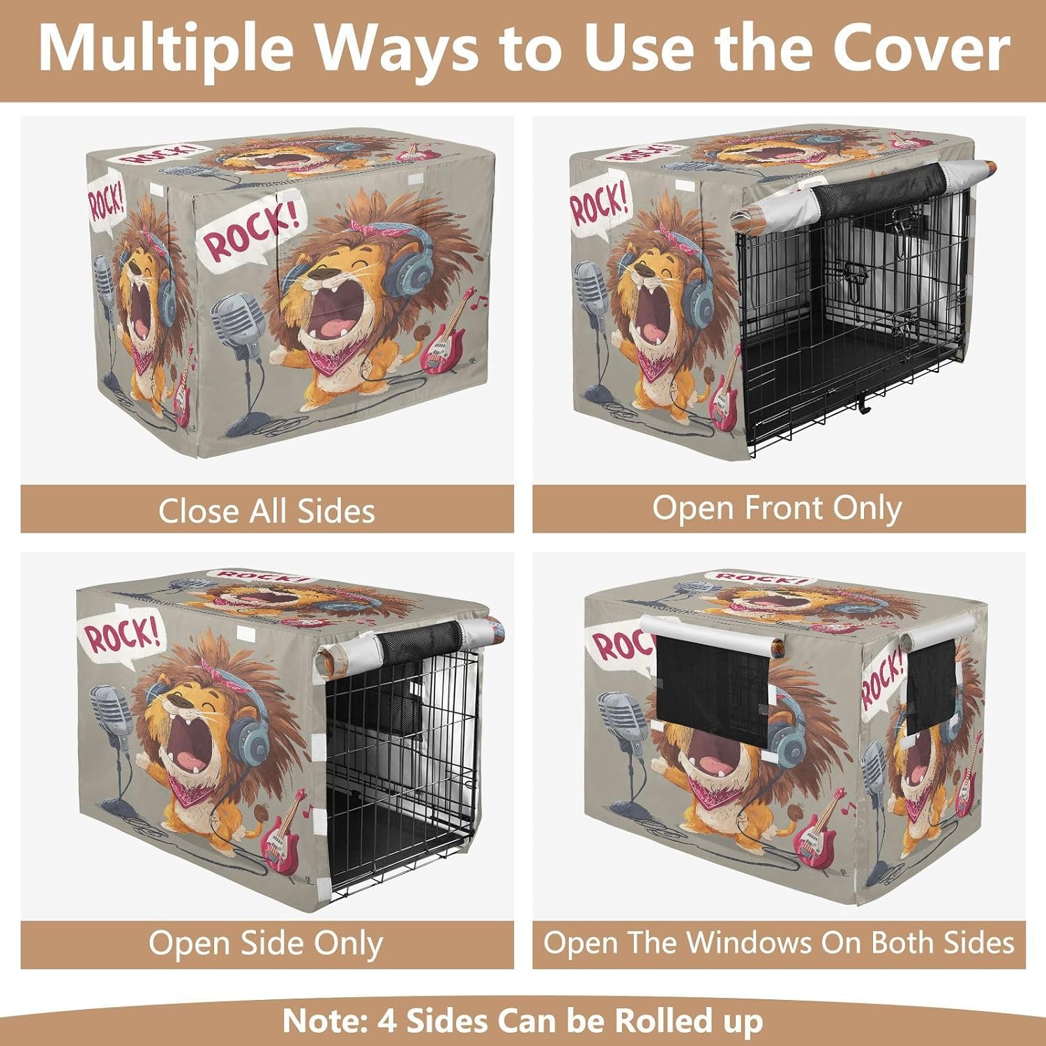 Crate Covers for Dogs Pets Kennel Cover Rollers Shades 42 Inch - Cartoon Rock Lion