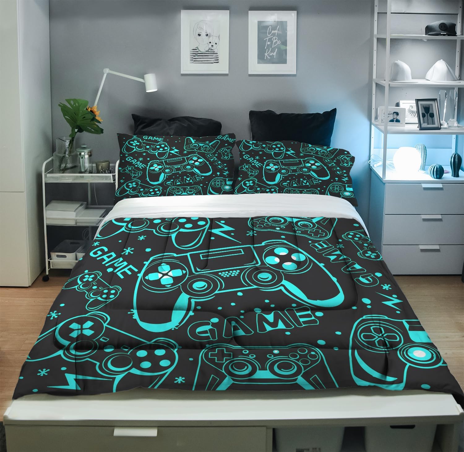 Sunnycitron Black Green Gamepad Gamer Comforter Set for Boys Gaming Bedding Set Teens Game Room Decor Twin (1 Comforter + 2 Pillowcase) - Image 5