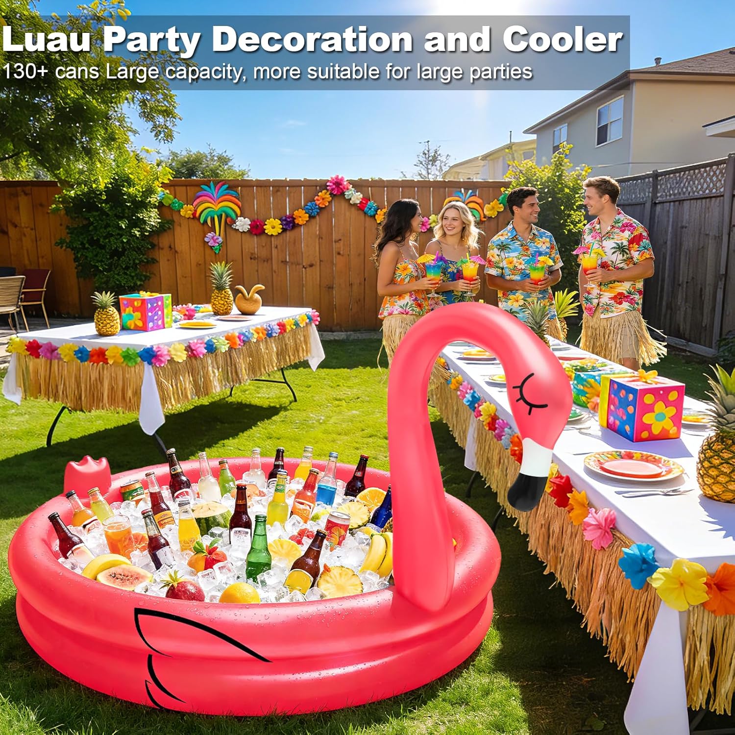 Inflatable Flamingo Cooler 130+ Cans Large Capacity, Bottom Quick-Drain, Luau Party Decor, Flamingo Pool Party Decorations, Beach Hawaiian Birthday Party Supplies Tropical Themed Summer Drink Cooler