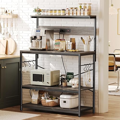 Miniatura 110 de SUPERJARE - Estante de cocina con toma de corriente de 4 niveles, soporte de microondas de cocina con 6 ganchos en forma de S, estante de Marrón