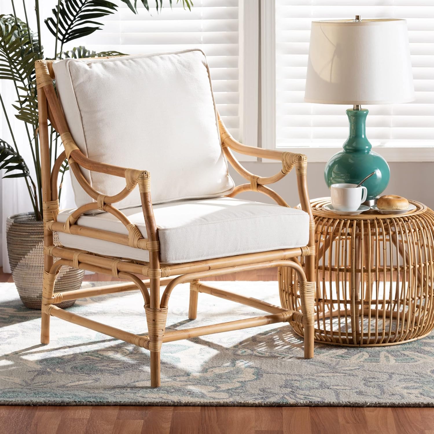 Bali & pari Brandon Modern Bohemian White Fabric Upholstered and Natural Rattan Armchair