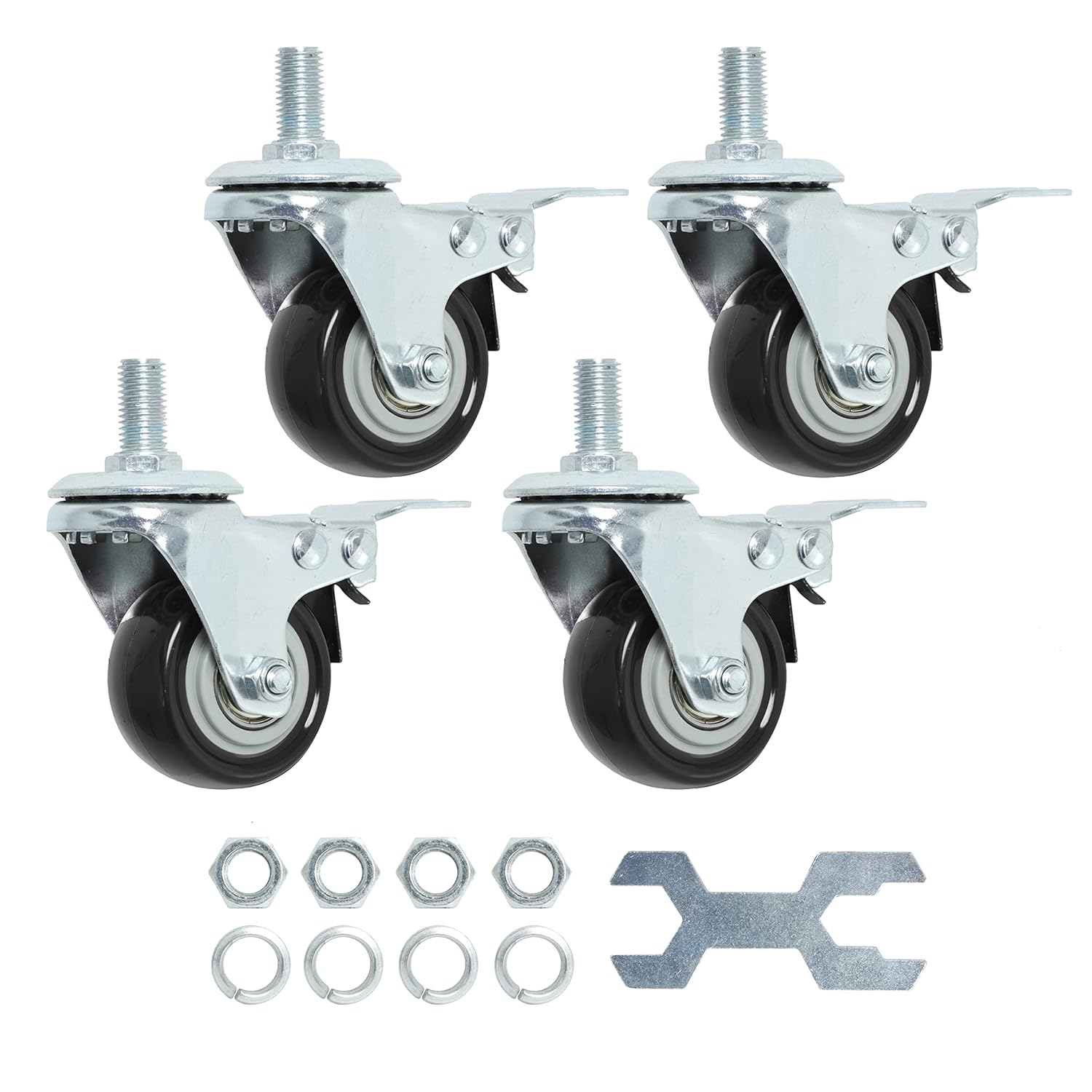 Finnhomy Stem Caster Wheels 2 Inch Heavy Duty Threaded Swivel Casters 1/2" -13 x 1 with Brake Set of 4 Premium Polyurethane Wheels PU Anti-wear Smooth Casters, Black 2 Inch 1/2"-13x1"(with brake)