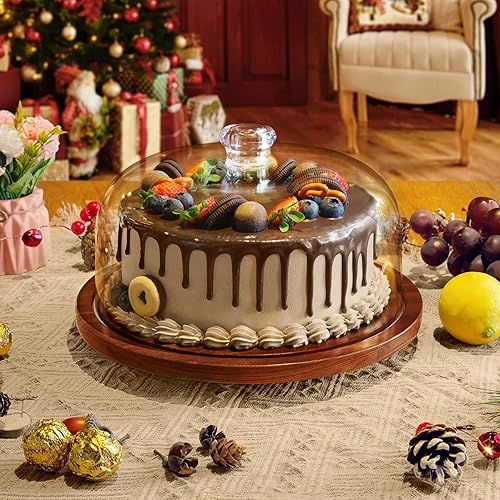 Miniatura 4 de Soporte para tartas con cúpula plato giratorio de madera de acacia y tapa acrílica bandeja para servidores de pasteles tocadiscos para decoración de
