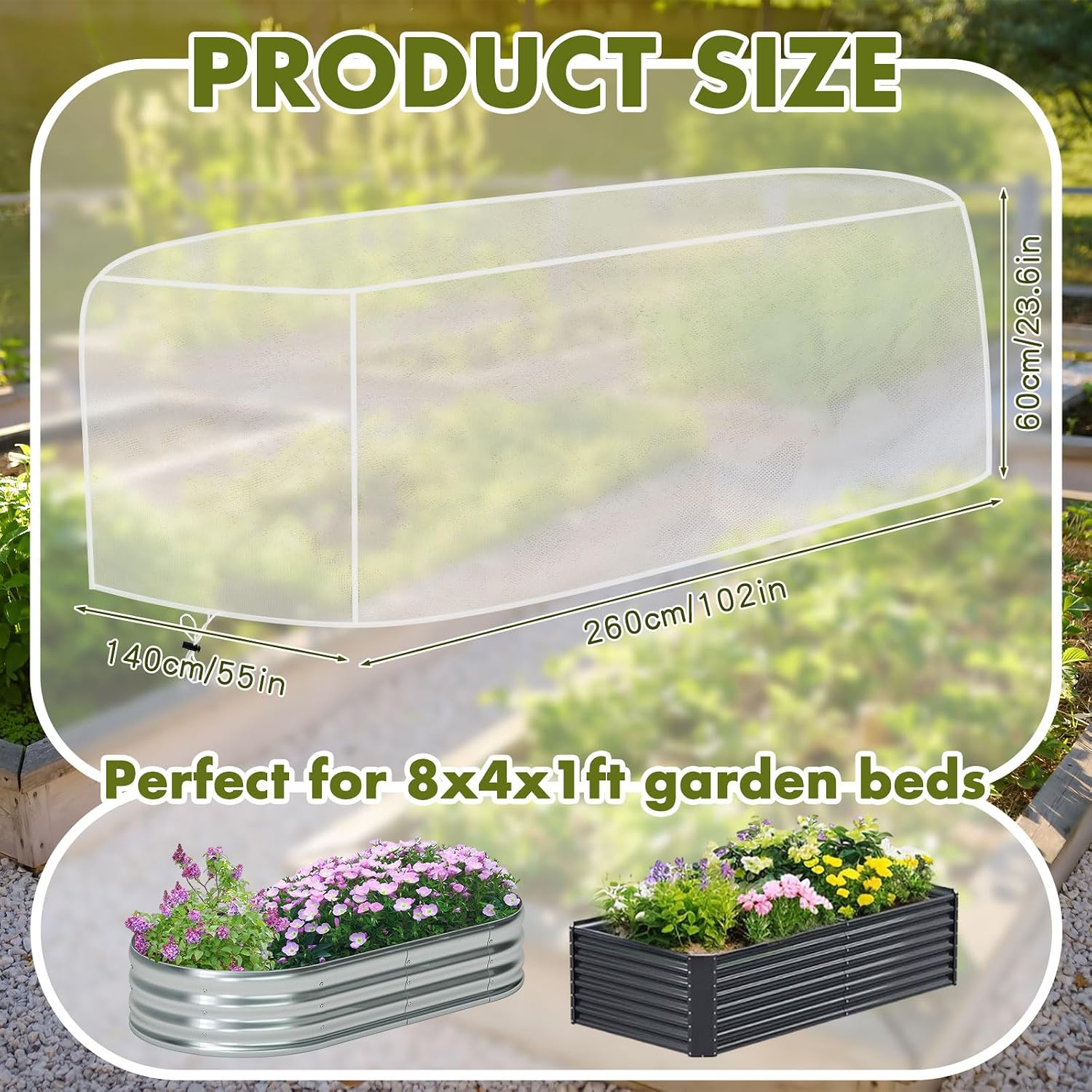 Woanger 3 Pack 8 x 4 x 2 ft Heightening Garden Netting for Raised Beds Plant Covers for Garden Protection Fine Mesh Bird Netting with Drawstring for Protecting Vegetables Fruits(102" x 55" x 24")