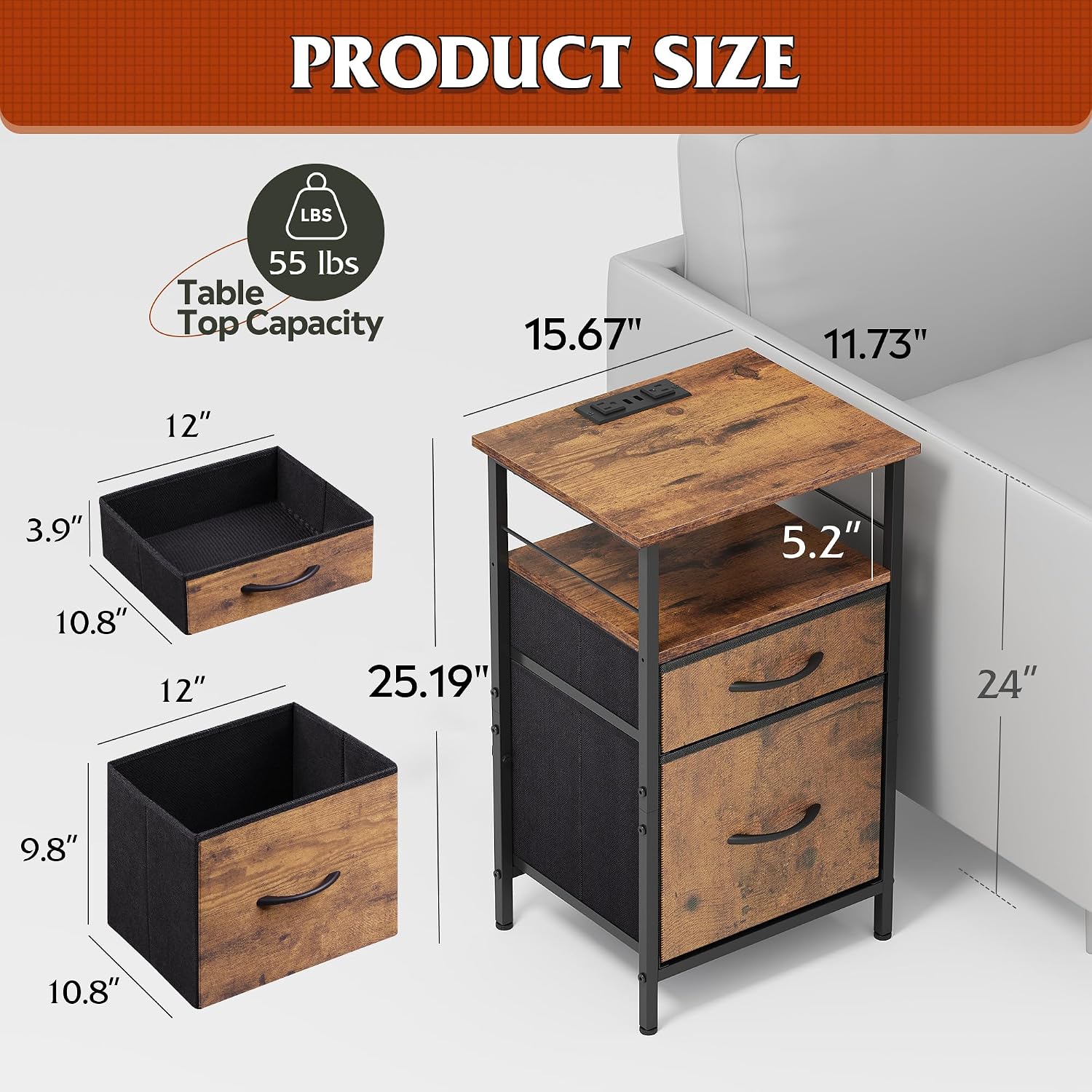 Diagram showing the dimensions of the WLIVE nightstand: 15.67 inches width, 11.73 inches depth, 25.19 inches height, with drawer dimensions. Also indicates a 55 lbs tabletop capacity.