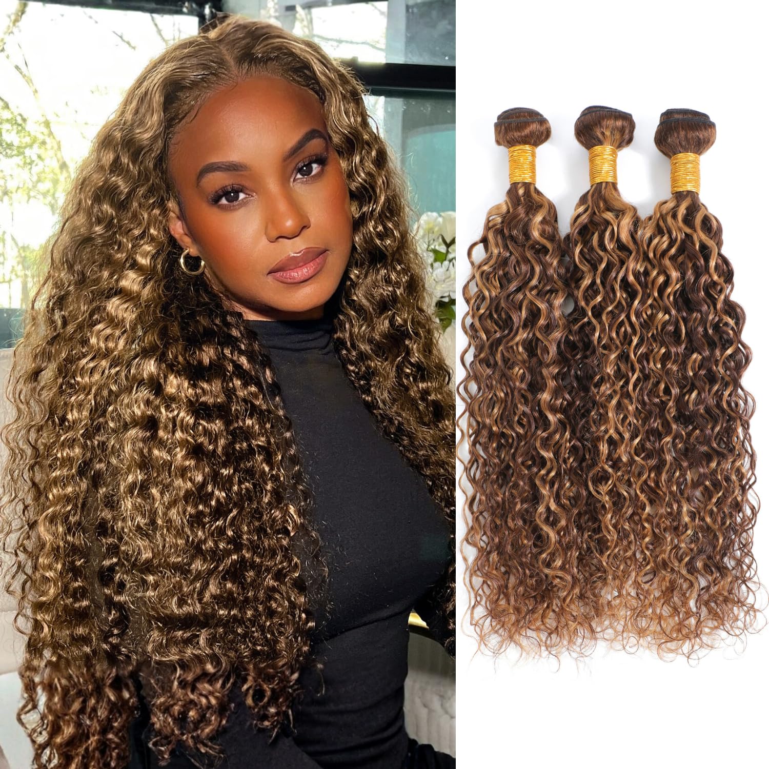 MOMOSHERO P4/27 Honey Blonde Highlights Water Wave Bundles Human Hair 18 20 22 Inch,Brown Wet and Wavy 3 Weave Bundles, 12A 100% Virgin Human Hair