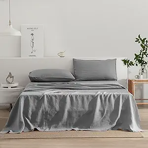 EVERLY Linen Sheets Set King Size,100% French Stonewash Pure Linen Sheets Set,4Pieces (1Flat Sheet,1Fitted Sheet,2Pillowcase) Suitable for Hot Sleepers,Deep Pocket Natural Bedding Set-Light Grey