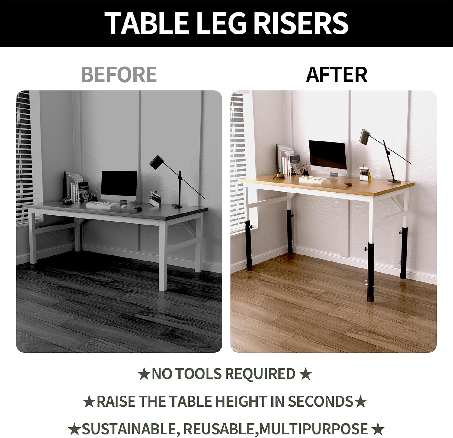 4 Pack Metal Table Leg Extenders Extensions for Folding Tables Straight/Bent Leg,Heavy Duty 4 Levels Heights Adjustable Table Risers-Ideal for Aleviating Your Back Pain