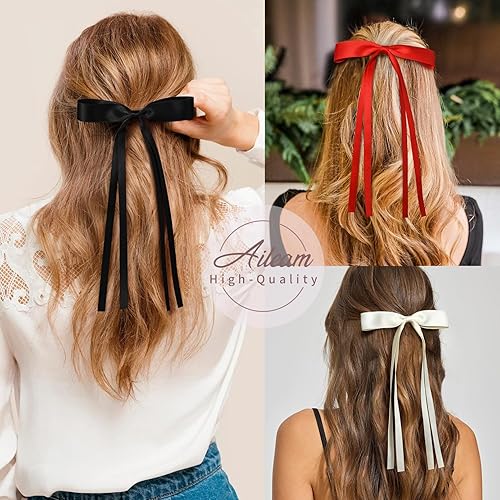 Miniatura 5 de 4 lazos para el pelo para mujer, lazo de satén sedoso con borla larga, accesorios para niñas, adolescentes y niños