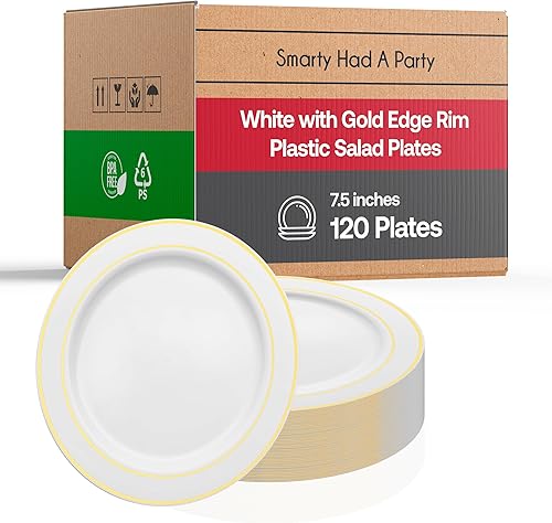 Elegantes platos desechables de plástico para postre, 120 unidades, platos de ensalada de 7.5 pulgadas, resistentes de color blanco elegante con Elegantes platos desechables de plástico para postre, 120 unidades, platos de ensalada de 7.5 pulgadas, resistentes de color blanco elegante con