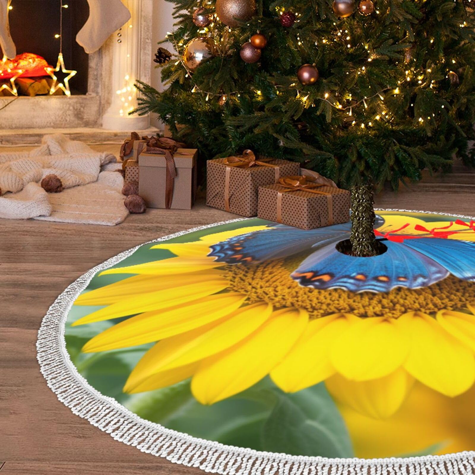 Jupe de sapin de Noël anti-tache et imperméable à pompons bleus