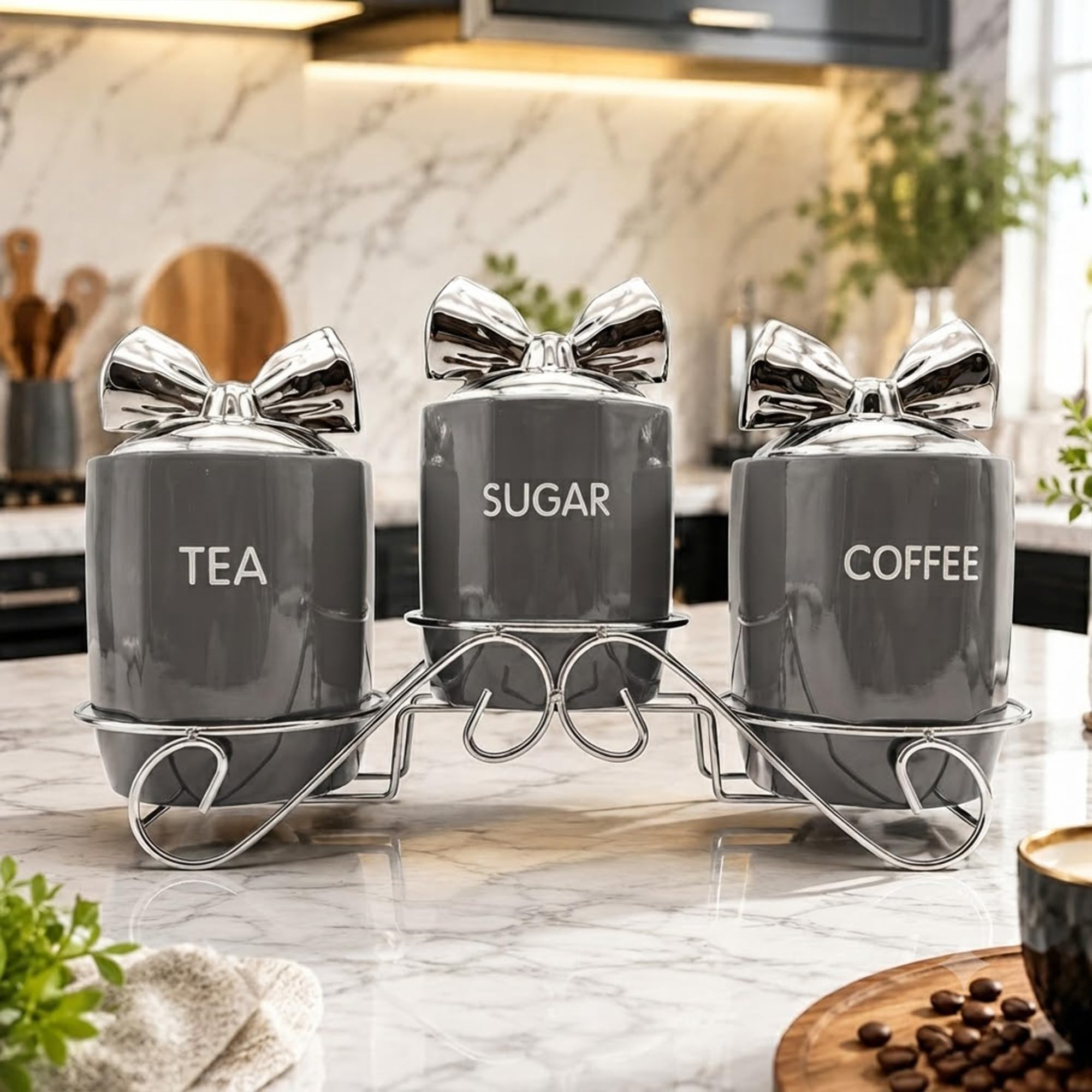 OBD Set of 3 Gray Ceramic Tea Coffee Sugar Canisters with Metal Storage Rack, Airtight Kitchen Storage Jars for Countertop Organisation, Pantry Containers for Dry Food, Modern Home Storage