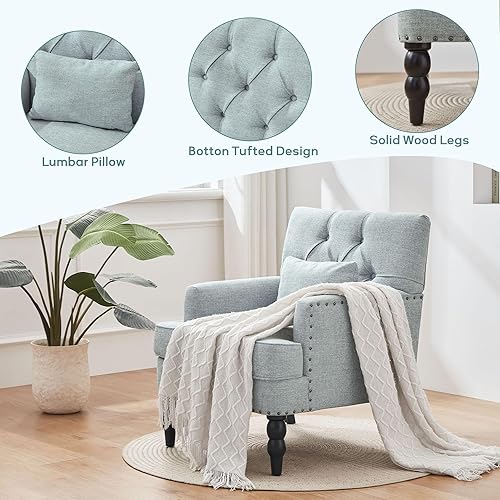 Miniatura 11 de HUIMO Silla de club copetuda, silla decorativa con almohada lumbar, sillón con botones de tela de lino, sillas tapizadas para dormitorio, sala de