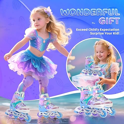 Miniatura 5 de NEMONE Patines en línea estilo sirena, patines ajustables en 4 tallas para niñas y niños con ruedas iluminadas, para principiantes, uso en