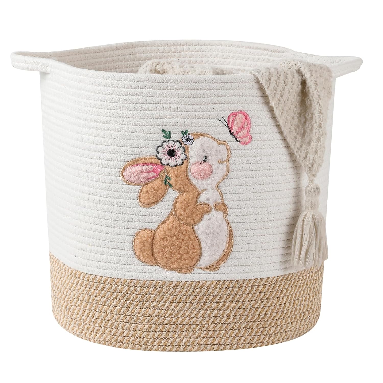 Easter Basket for Kids, Large Easter Egg Baskets Spring Gift Basket for Girls Toddlers, Toy Storage Baskets Woven Cotton Rope Storage Bins Toys Organizer Clothes Hamper for Nursery (Large, Bunny)
