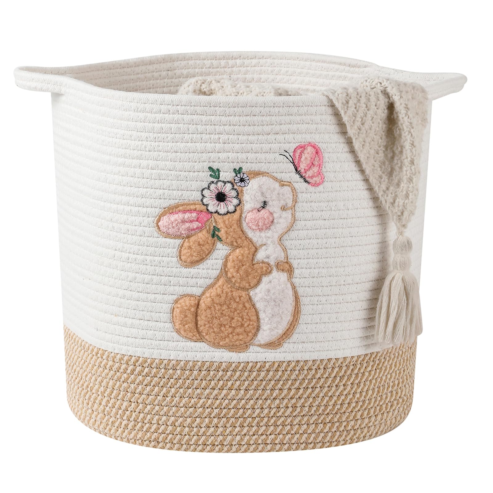 Cesto in corda di cotone per bambini, cesto regalo, vuoto, per baby shower, con manici, graziosi, coperte, animali ripieni, per asilo (coniglietto, grande)