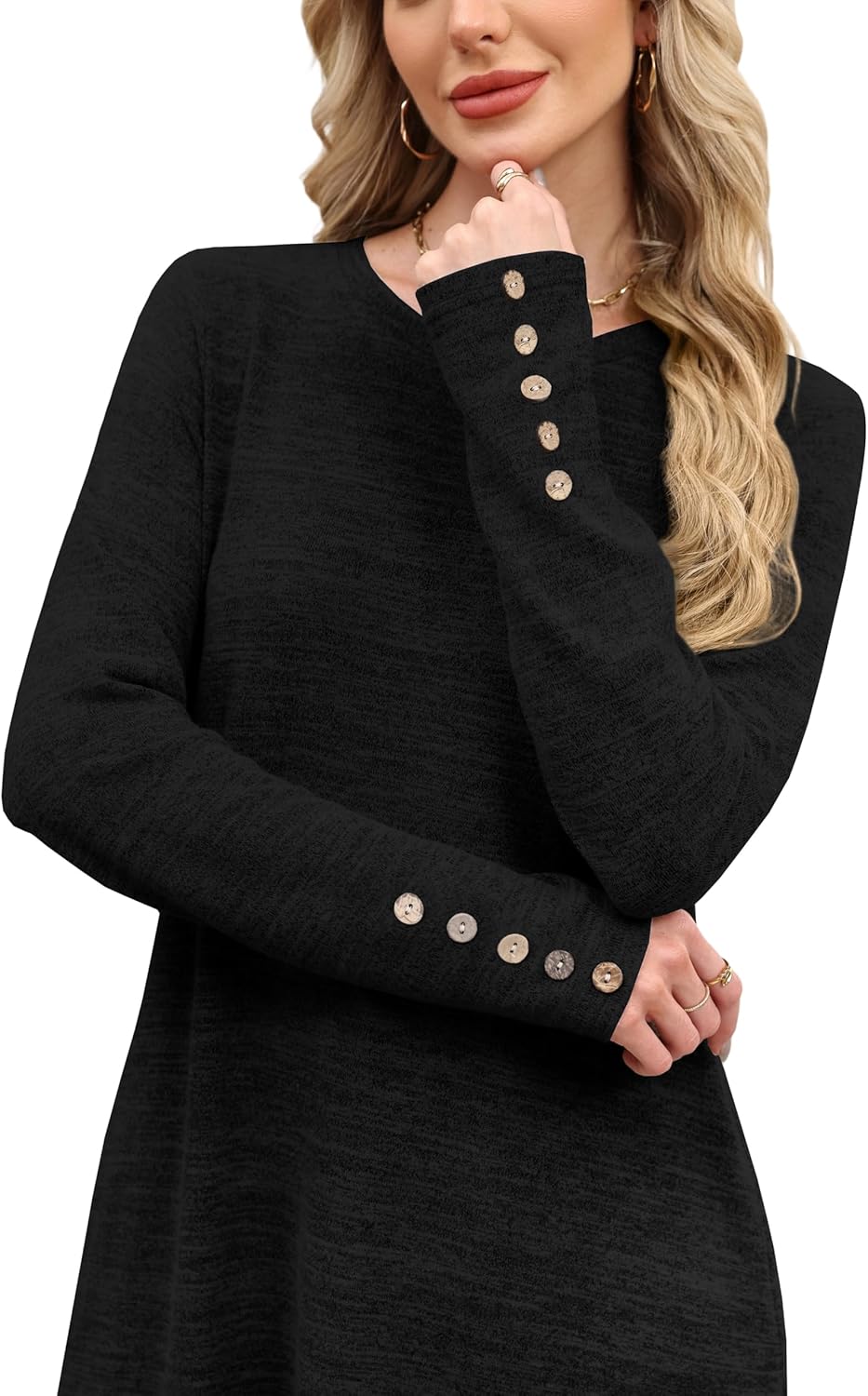 OFEEFAN Long Sleeve Dress for Women Crew Neck Tunic Dress with Pockets Decorative Buttons - Image 5