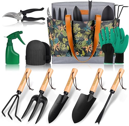 Miniatura 1 de YAUNGEL - Juego de herramientas de jardinería de acero inoxidable resistente, herramientas de mano con mango de madera, bolsa de almacenamiento,