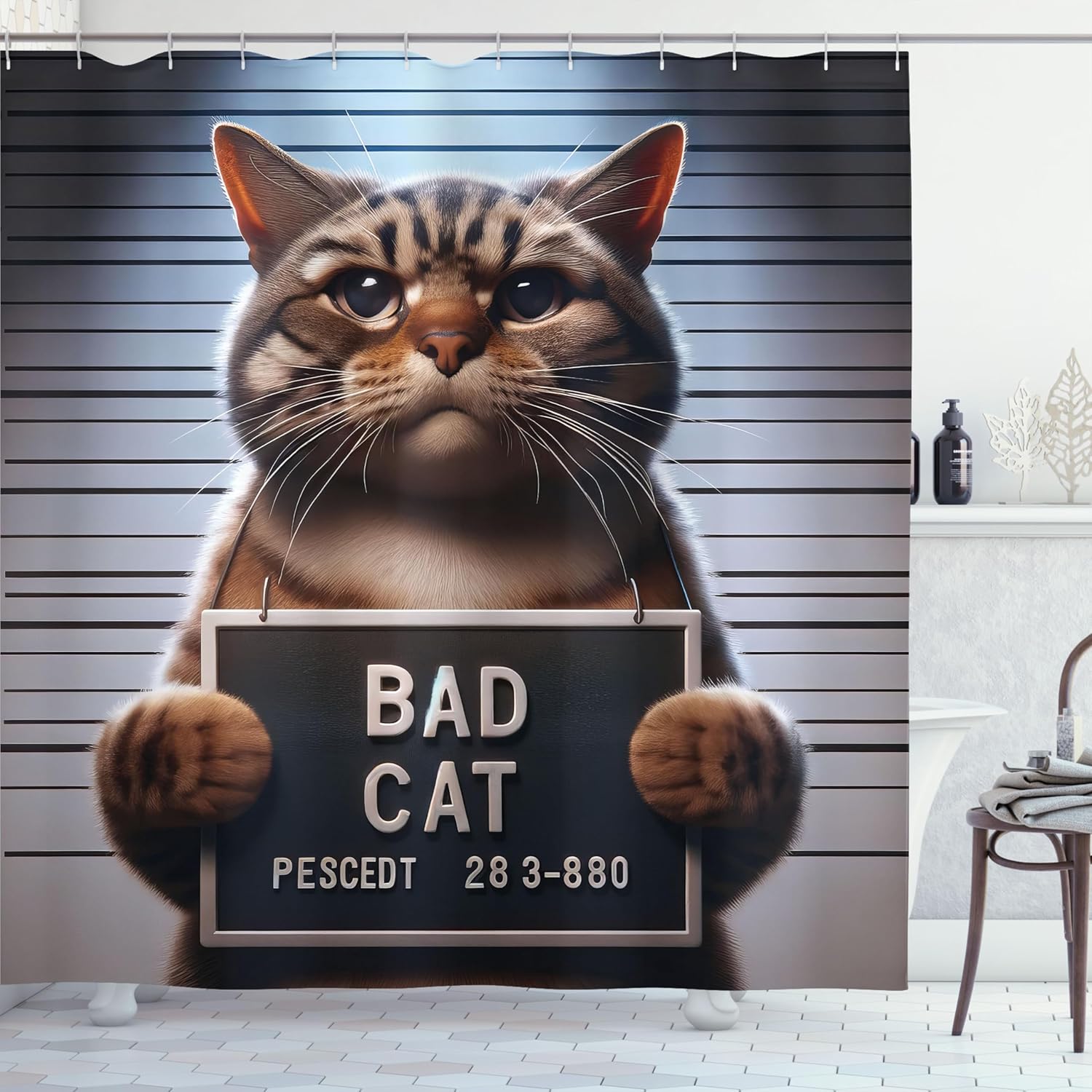 Ambesonne Cat Shower Curtain, Humorous Bad Kitty Classic Mug Shot Whimsical Animal Concept Funny Design, Cloth Fabric Bathroom Decor Set with Hooks, 69" W x 84" L, Umber and Pale Blue Grey