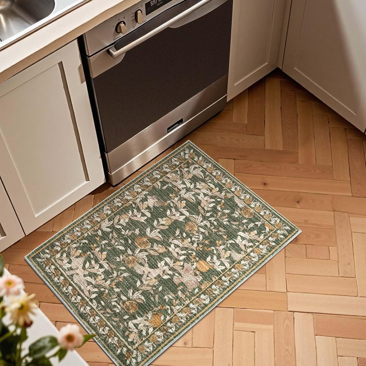jinchan Eden Floral Area Rug 2x3 Entryway Vintage Washable Indoor Doormat Accent Rug Lightweight Soft Small Non-Slip Low Pile Distressed Green Carpet for Entrance Kitchen Bedroom Bathroom