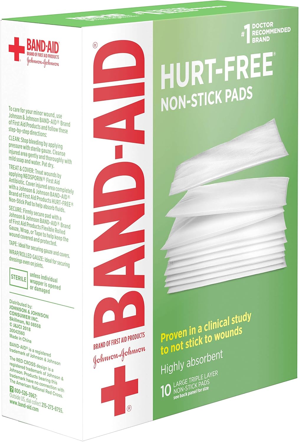 Band-Aid Brand Hurt-Free Non-Stick Pads with Hurt-Free Design for Wound Care & Wound Protection, Highly-Absorbent Individually-Wrapped Sterile Pads, Large Size, 3 inches x 4 inches, 10 ct