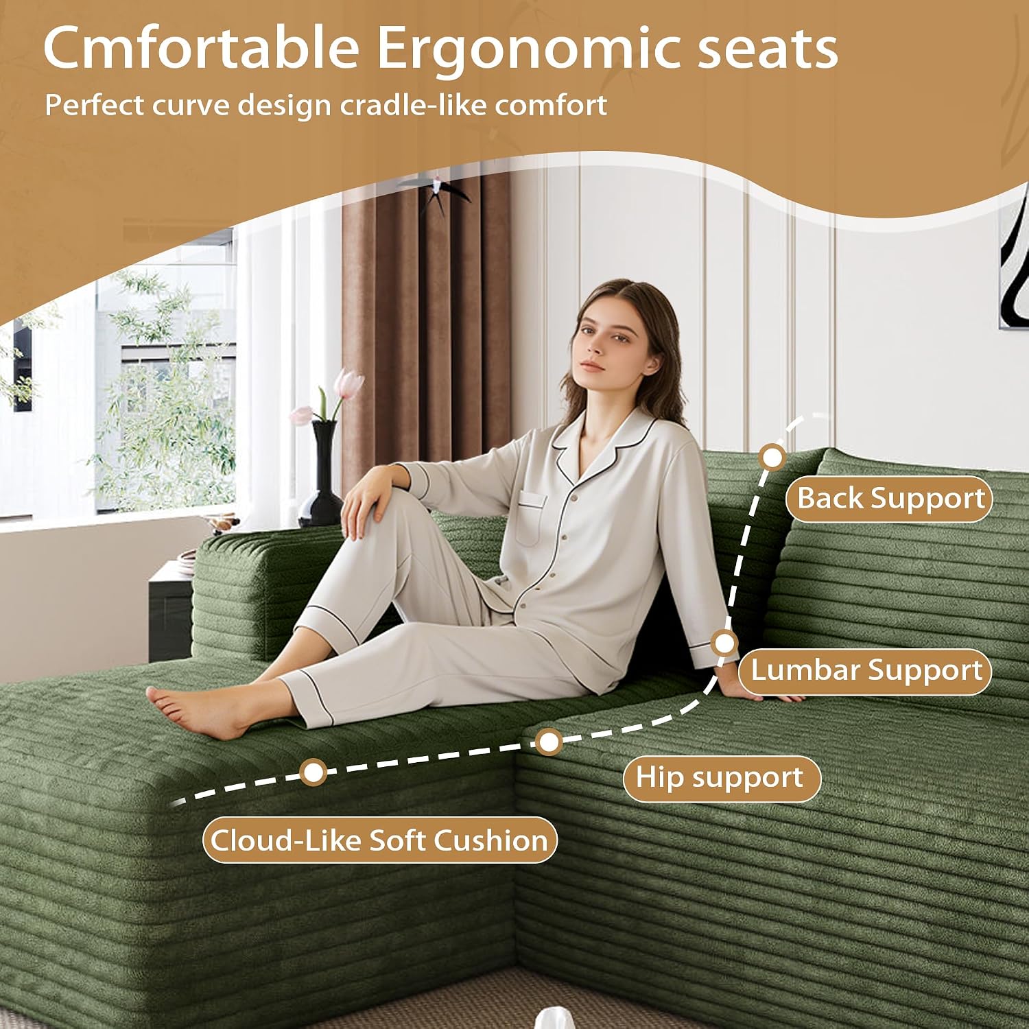 96" Green L-Shape Modular Sectional Sofa Deep Seat Left Chaise + 2 Seaters