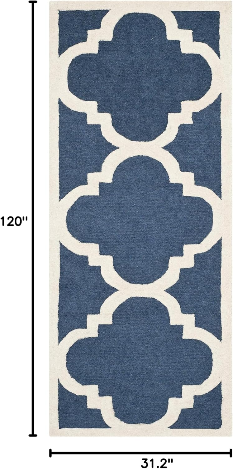 SAFAVIEH Cambridge Collection 2'6" x 10' Navy/Ivory CAM140G Handmade Moroccan Trellis Premium Wool Runner Rug