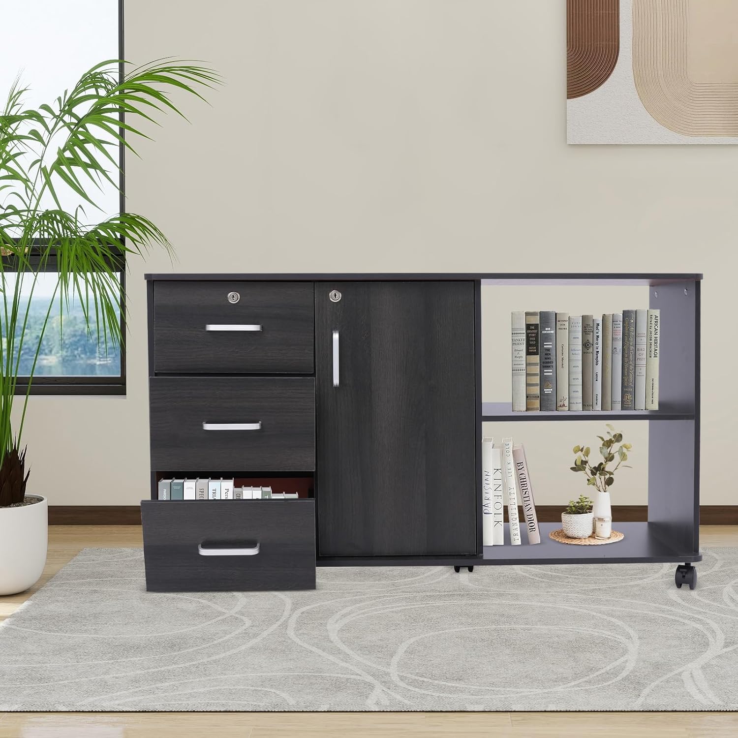 Mobile Filing Cabinet, 3-Drawer File Cabinet, Mobile Lateral Printer Stand with Lock and Open Storage Shelves for Home Office Letter A4 Size Files (Black Walnut)