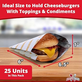 Retro, Restaurant Grade Grease-Proof Burger Wrappers 25Pk. Heat Proof, Pro Quality Bulk Cheeseburger Bags are BPA Free. Large, Allergen Friendly BBQ Foil Paper Great Cooking Supply for Themed Party