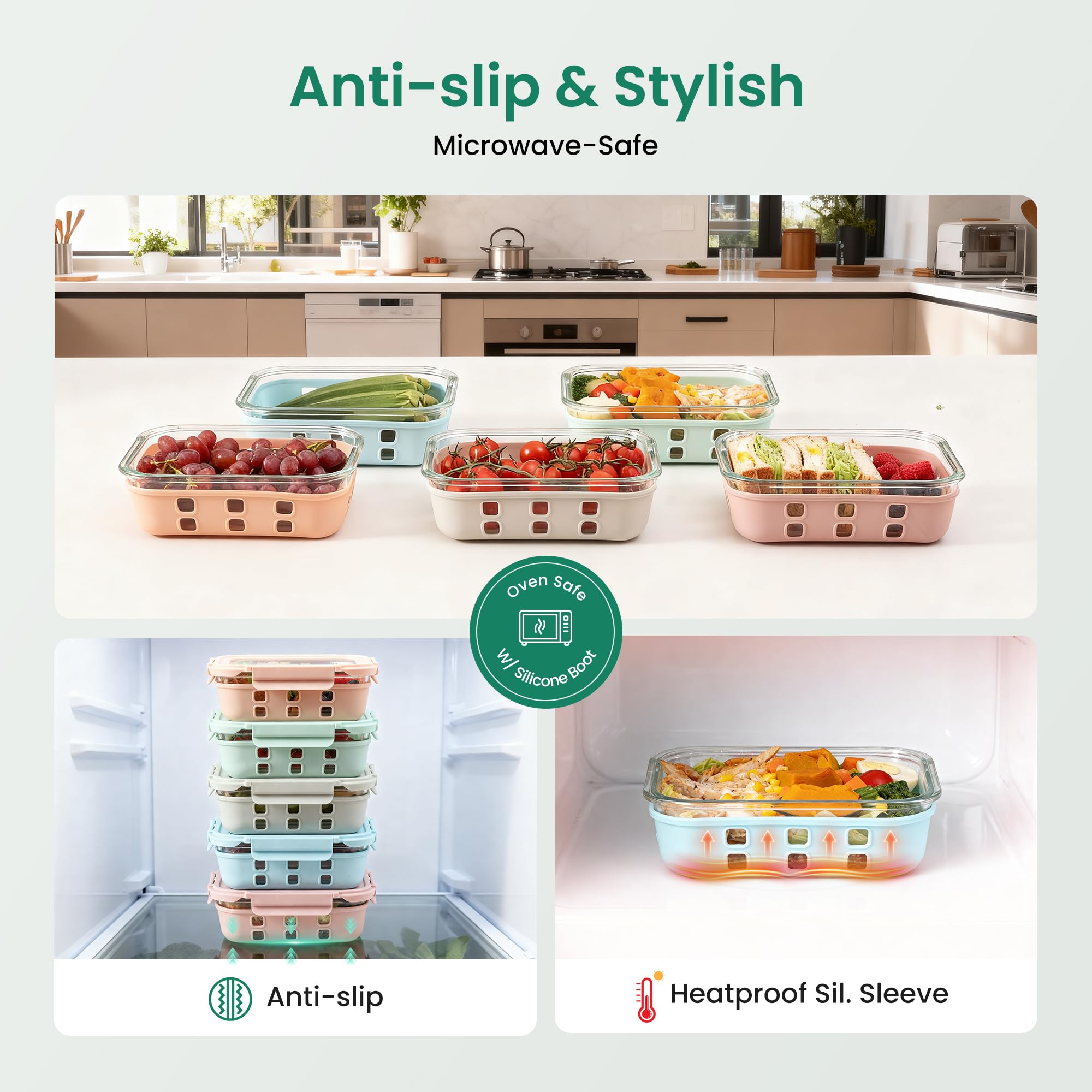GENICOOK Contenitori per alimenti in vetro da 4,4 tazze, confezione da 5, ermetici, con coperchio in vetro temperato e manicotto antiscivolo, a prova di perdite, senza BPA, impilabili, per microonde
