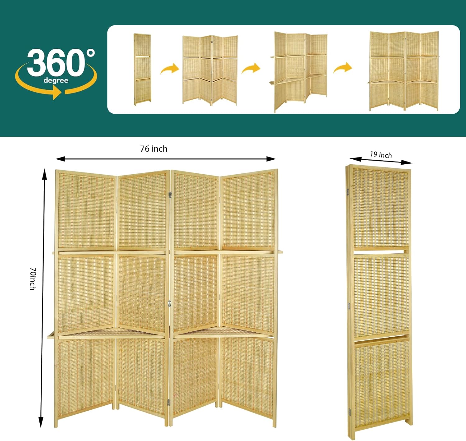 ECOMEX 4 Panel Room Divider with Shelf Woven Bamboo Screen,Room Divider and Folding Privacy Screen,Freestanding Screen Room Divider for Room Separation,Beige-woven Bamboo