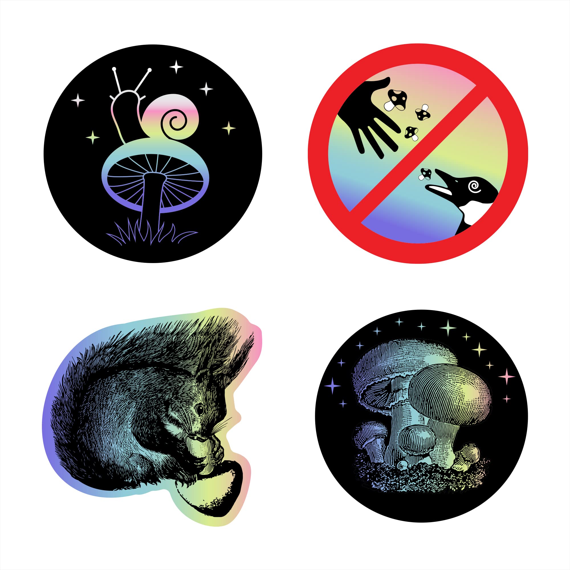 Stickers champignons holographiques - Lot de 4 motifs haut de gamme aux reflets nacrés