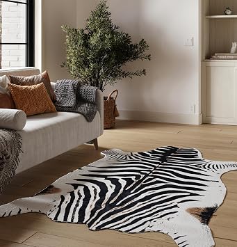 NativeSkins Faux Zebra Large | 4.6ft x 6.6ft | Zebra Print | Western Bedroom Decor | Hand-Cut, Faux Suede No-Slip Backing | Western Rug | Animal Print Rug | Cow Hide