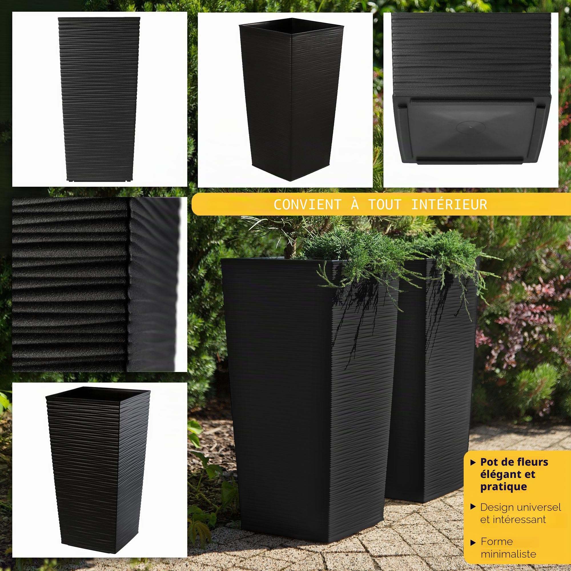 KADAX Lot de 3 Set de 3 Pots de Fleurs Hauts – H 46,5/57,5/68 cm – Noir – intérieur/extérieur – pour Balcon, Jardin ou Salon