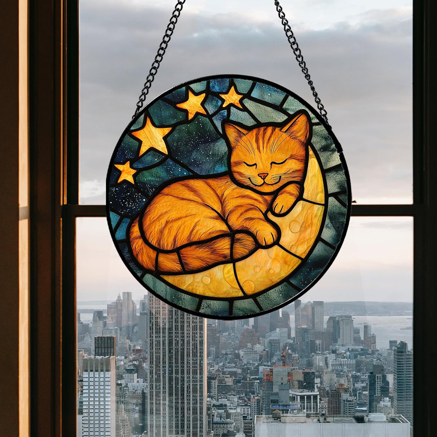 Stained Glass Window Hanging - Orange Cat Sun Catcher for Door Home Decor Stars and Moon Suncatcher Christmas Mother's Day Birthday Loss of a Pet Gifts for Women Men Mom Nana 7.8 in - Image 4