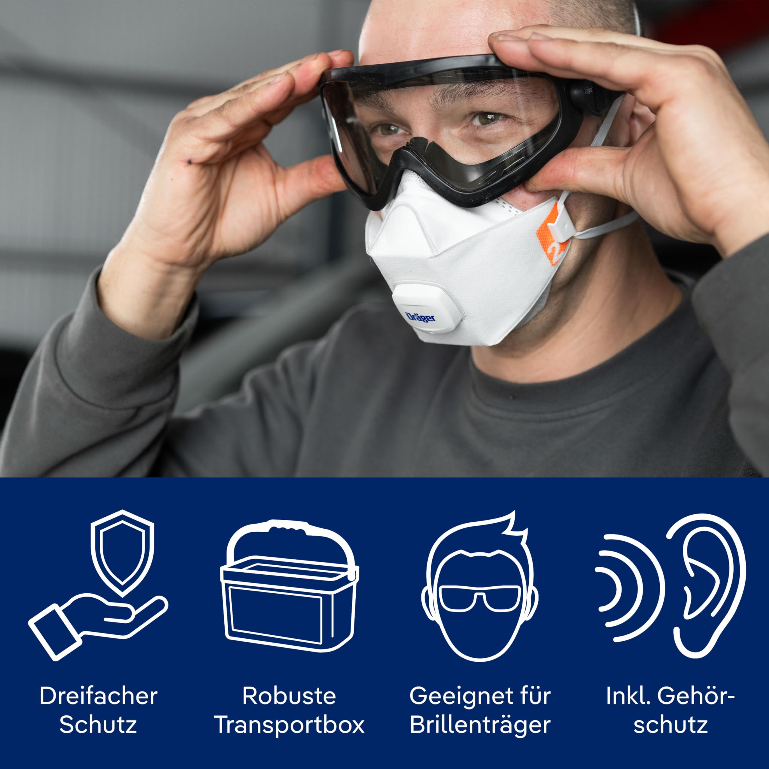 Dräger Atemschutz Starter Set | Halbmaske X-plore 3300 mit A2P3 Filter, FFP2 Masken, Schutzbrille & Gehörschutz - Komplettset für professionellen Atemschutz