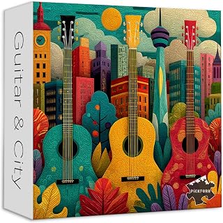 PICKFORU Guitar City Puzzles for Adults 1000 Pieces, Quilted Felt Village Jigsaw Puzzles, Embroidery Patch Modern Art Puzzle