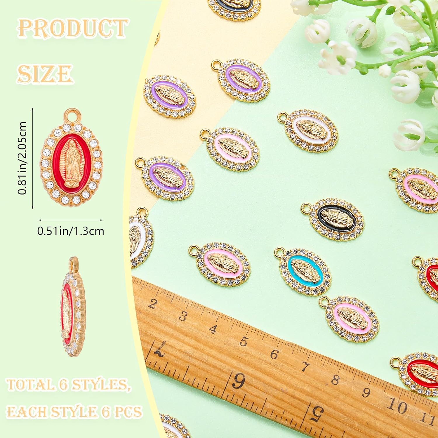 36Pcs Rosary Charms for Jewelry Making Light Gold Virgin Mary Charm Alloy Pendants with Rhinestone for Bracelet Necklace Earring DIY Accessories - Image 2