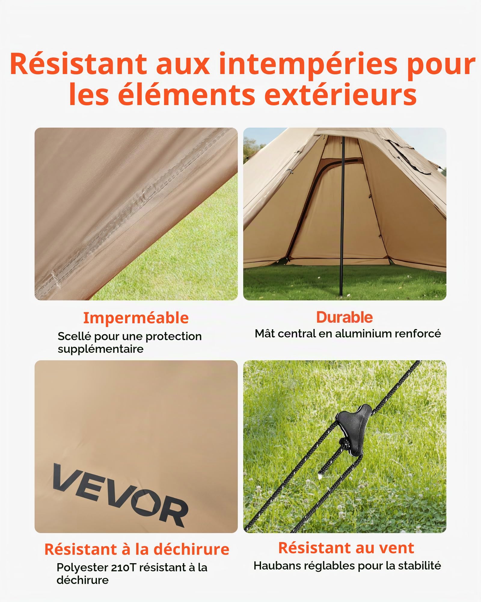 VEVOR Tente Chaude Tipi pour 4 Personnes, Tente d'Hiver Portable avec Trou de Poêle et Maille Intérieure, Toile Imperméable Revêtement PU2500 mm, Abri 4 Saisons, pour Camping, Randonnée, Pêche, Chasse
